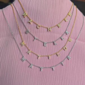 Beyaz Taşlı 7 mm Taşlı Gümüş İsim Kolye - Gold Renk