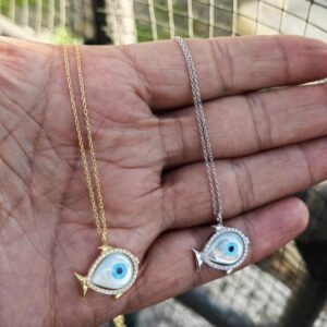 Opal Taşlı Balık Gümüş Kolye - Gold Renk